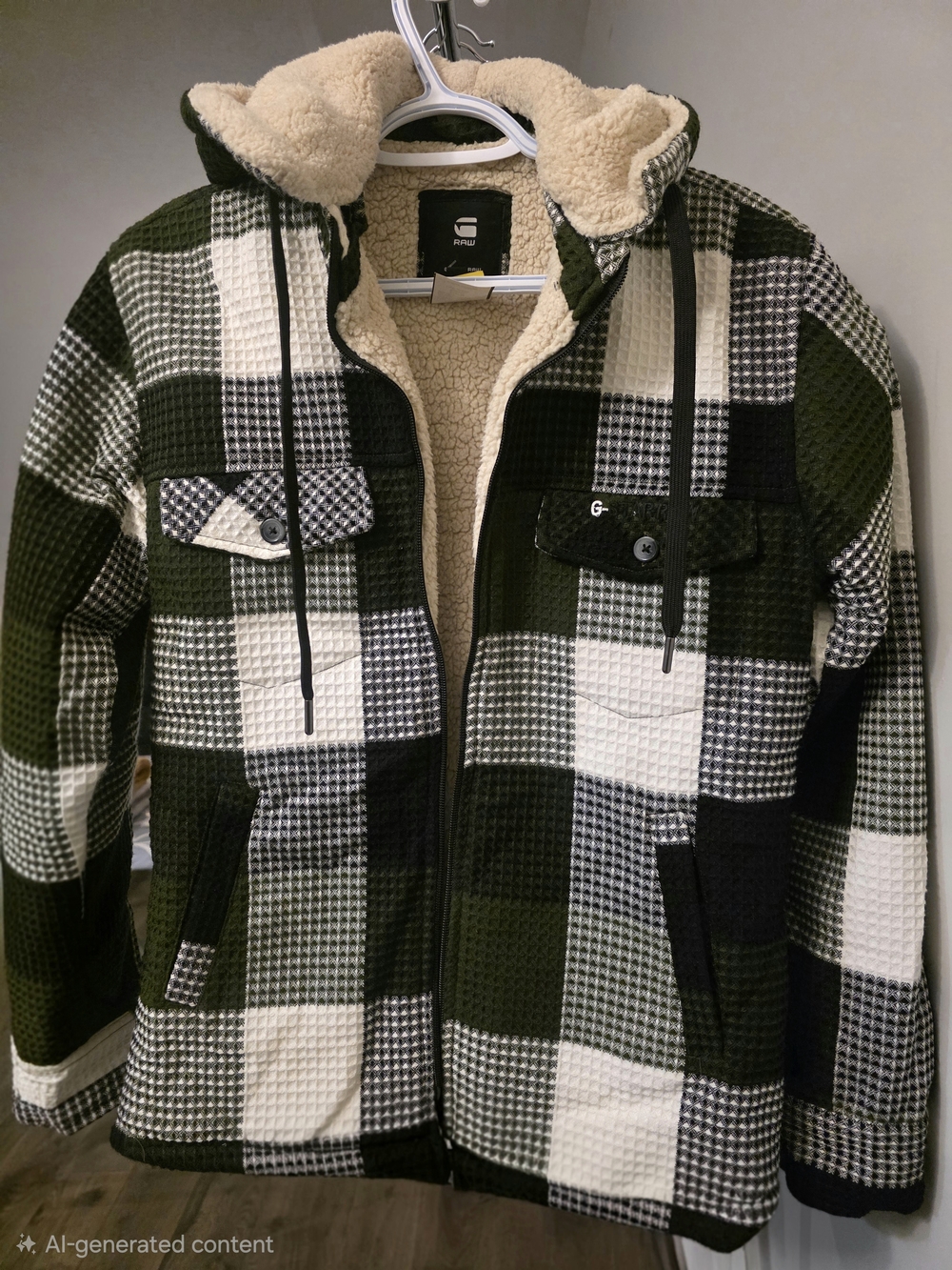 G-Star - Black, Green & Cream Waffle Knit Textured Jacket With Rovable Hood - M